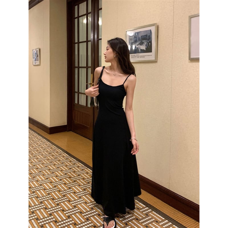 Női pántos ruha, A-vonal, hosszú, magas derék, poliészter