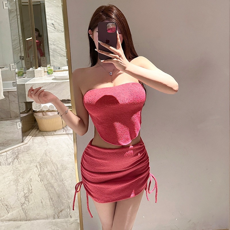 2026 Ženski trodijelni bikini set, korejski stil, gornji dio s jastučićima za prsima, jednobojni poliester kupaći, bez metalne potpore