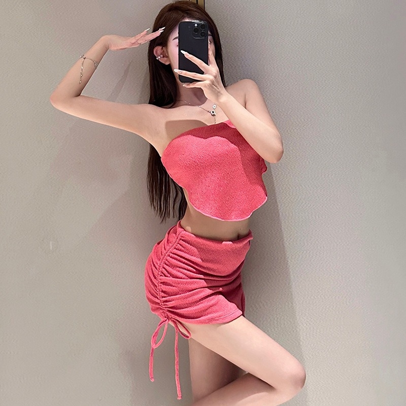 2026 Ženski trodijelni bikini set, korejski stil, gornji dio s jastučićima za prsima, jednobojni poliester kupaći, bez metalne potpore
