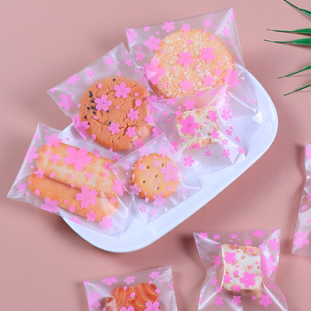 Öntapadós süti csomagoló taska, matt felülettel, cseresznyevirág mintával, műanyag anyag, élelmiszer csomagolás