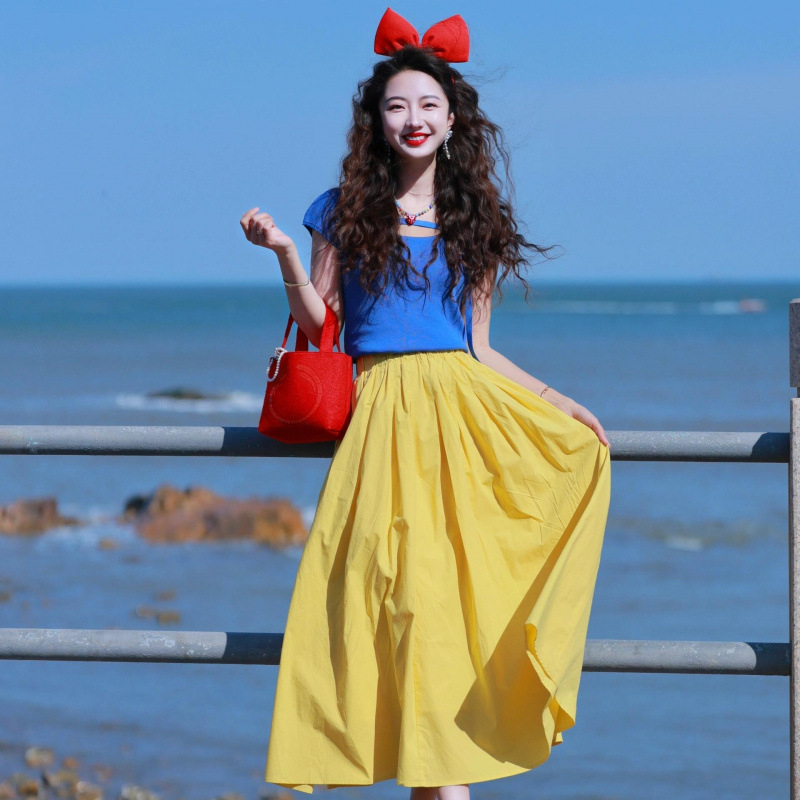 Két részes nyári ruhaszett: kötött felső kerek nyakkal és rövid ujjakkal + hosszú A-vonalú szoknya, pamut-poliészter keverék, nyár 2025, laza japán-koreai stílus