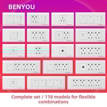 Benyou 118‑тип стенен превключвател панел със скрит монтаж, 1 гнездо, 5 дупки, едно/двойно управление, 15-дупкови и 9-дупкови захранващи контакти, 3C сертифициран, 50–440V