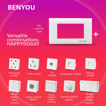 Benyou 118‑тип стенен превключвател панел със скрит монтаж, 1 гнездо, 5 дупки, едно/двойно управление, 15-дупкови и 9-дупкови захранващи контакти, 3C сертифициран, 50–440V