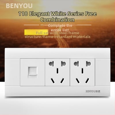 Benyou 118‑тип стенен превключвател панел със скрит монтаж, 1 гнездо, 5 дупки, едно/двойно управление, 15-дупкови и 9-дупкови захранващи контакти, 3C сертифициран, 50–440V