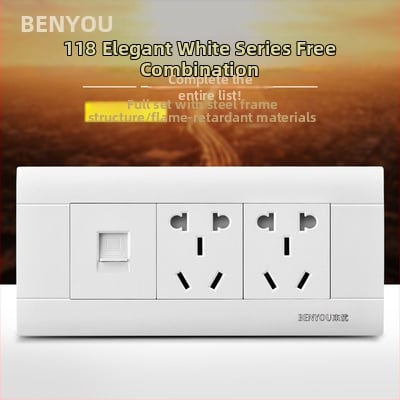 Benyou 118‑тип стенен превключвател панел със скрит монтаж, 1 гнездо, 5 дупки, едно/двойно управление, 15-дупкови и 9-дупкови захранващи контакти, 3C сертифициран, 50–440V