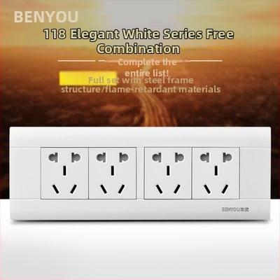 Benyou 118‑тип стенен превключвател панел със скрит монтаж, 1 гнездо, 5 дупки, едно/двойно управление, 15-дупкови и 9-дупкови захранващи контакти, 3C сертифициран, 50–440V