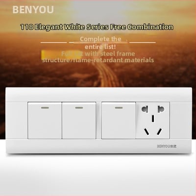 Benyou 118‑тип стенен превключвател панел със скрит монтаж, 1 гнездо, 5 дупки, едно/двойно управление, 15-дупкови и 9-дупкови захранващи контакти, 3C сертифициран, 50–440V