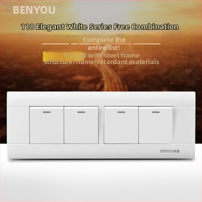 Benyou 118‑тип стенен превключвател панел със скрит монтаж, 1 гнездо, 5 дупки, едно/двойно управление, 15-дупкови и 9-дупкови захранващи контакти, 3C сертифициран, 50–440V
