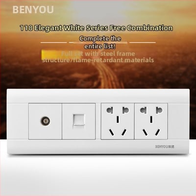 Benyou 118‑тип стенен превключвател панел със скрит монтаж, 1 гнездо, 5 дупки, едно/двойно управление, 15-дупкови и 9-дупкови захранващи контакти, 3C сертифициран, 50–440V