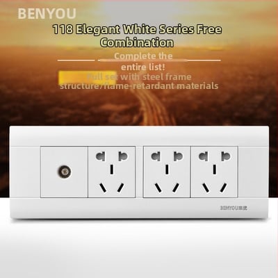 Benyou 118‑тип стенен превключвател панел със скрит монтаж, 1 гнездо, 5 дупки, едно/двойно управление, 15-дупкови и 9-дупкови захранващи контакти, 3C сертифициран, 50–440V