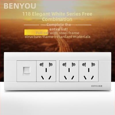 Benyou 118‑тип стенен превключвател панел със скрит монтаж, 1 гнездо, 5 дупки, едно/двойно управление, 15-дупкови и 9-дупкови захранващи контакти, 3C сертифициран, 50–440V