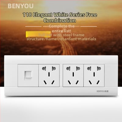 Benyou 118‑тип стенен превключвател панел със скрит монтаж, 1 гнездо, 5 дупки, едно/двойно управление, 15-дупкови и 9-дупкови захранващи контакти, 3C сертифициран, 50–440V