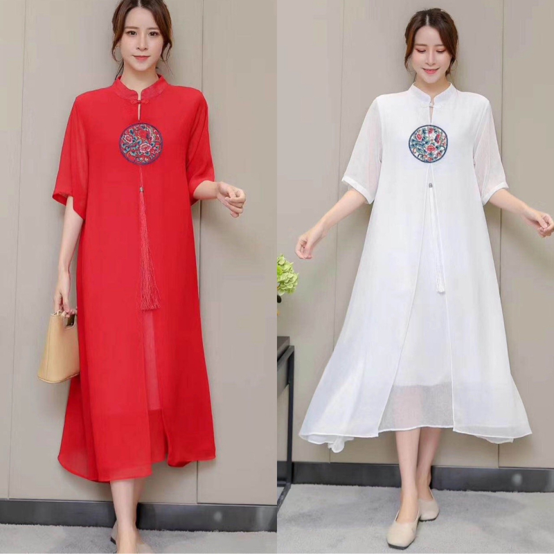 Etno stílusú chiffon ruha virágos hímzéssel, álló gallér, lazító derék, hosszú szoknya - Tavasz 2023