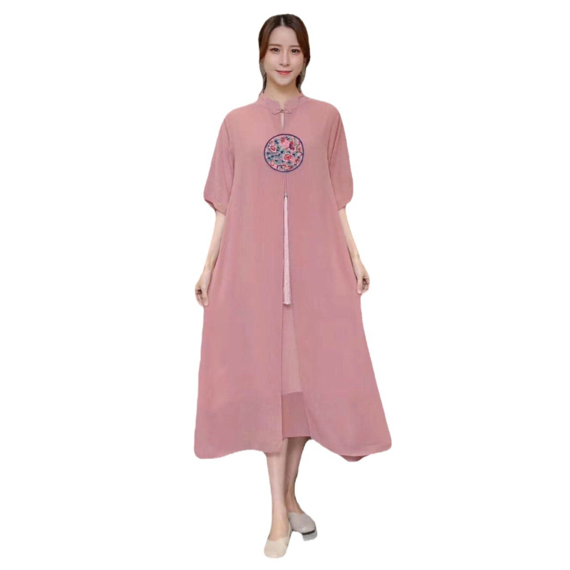 Etno stílusú chiffon ruha virágos hímzéssel, álló gallér, lazító derék, hosszú szoknya - Tavasz 2023