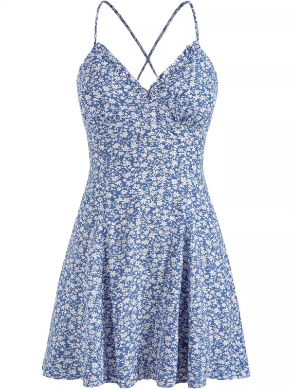 Rochie mini de vară pentru femei, decolteu halter, imprimeu floral, material poliester-spandex, talie elastică, fără mâneci