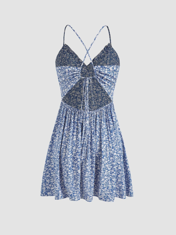Rochie mini de vară pentru femei, decolteu halter, imprimeu floral, material poliester-spandex, talie elastică, fără mâneci