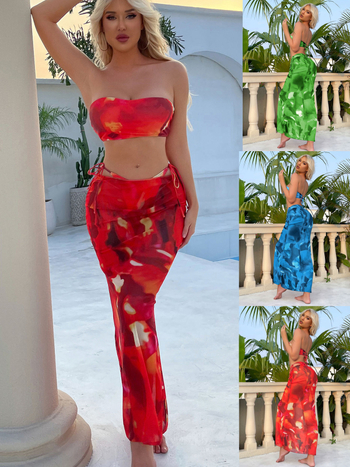 Háromrészes fürdőruha készlet: tie-dye mintás csőtop, hosszú derékig érő szoknya zsinórral, ujjatlan; melltartó párna, poliészter, magas rugalmasság