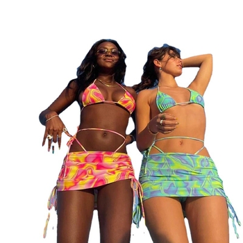 Női bikini szett szoknyával, ujjatlan, háromszög bikini stílus, 90% poliészter, mellkas párnázat nélkül