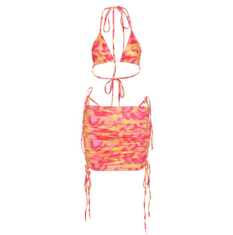 Női bikini szett szoknyával, ujjatlan, háromszög bikini stílus, 90% poliészter, mellkas párnázat nélkül