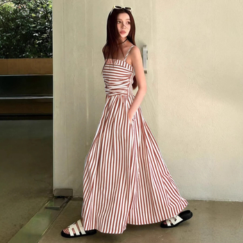 Rochie halter lungă, în dungă, poliester, fără mâneci, stil euro-american