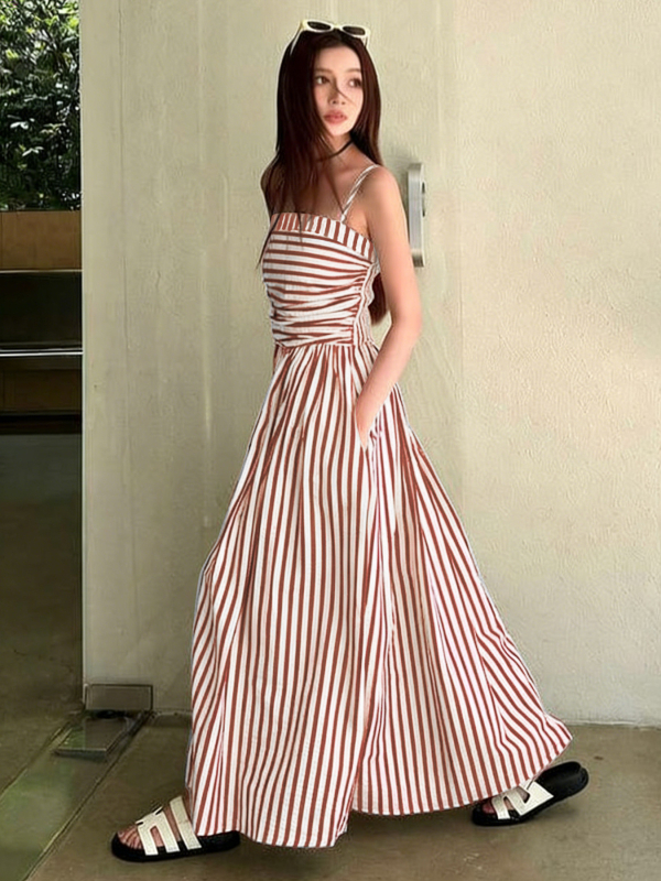 Rochie halter lungă, în dungă, poliester, fără mâneci, stil euro-american