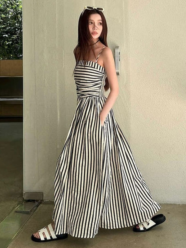 Rochie halter lungă, în dungă, poliester, fără mâneci, stil euro-american