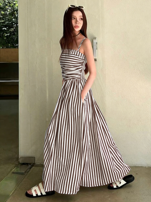 Rochie halter lungă, în dungă, poliester, fără mâneci, stil euro-american