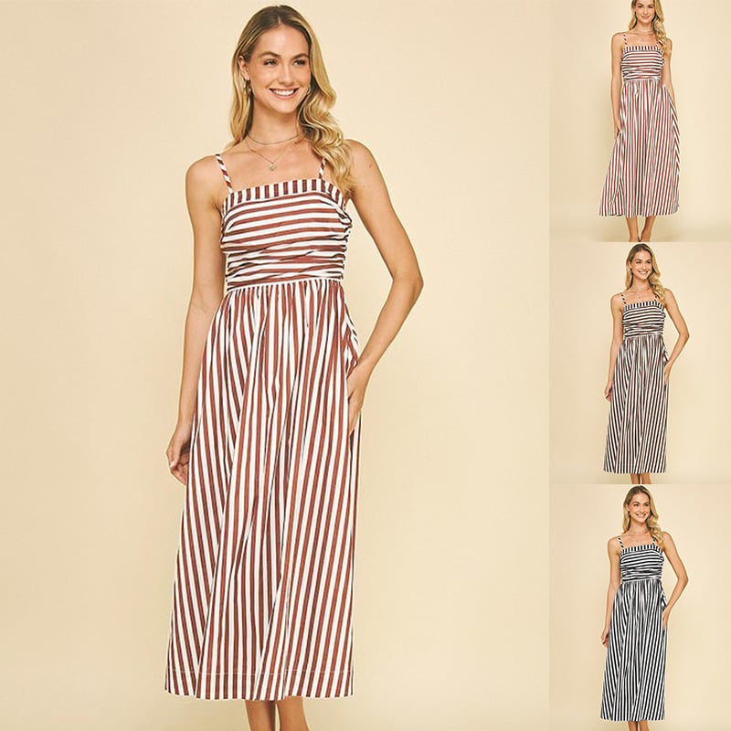 Rochie halter lungă, în dungă, poliester, fără mâneci, stil euro-american