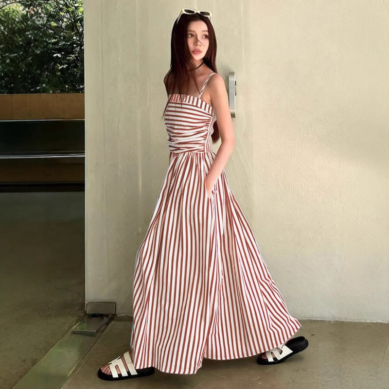 Rochie halter lungă, în dungă, poliester, fără mâneci, stil euro-american