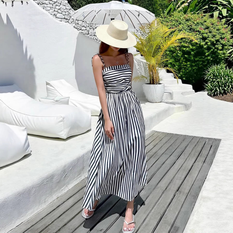 Rochie halter lungă, în dungă, poliester, fără mâneci, stil euro-american