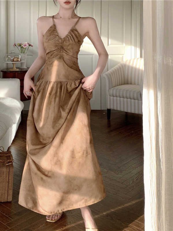 Rochie de plajă cu decolteu halter, siluetă A-line, fără mâneci, lungime midi, material poliester solid