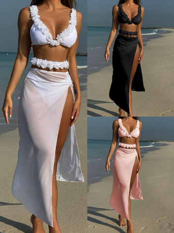 Ženski trodijelni mrežasti bikini set s čipkastom obrubom i jastučićima za prsima; poliester tkanina 260 g/m², podstava od spandexa, za plivanje