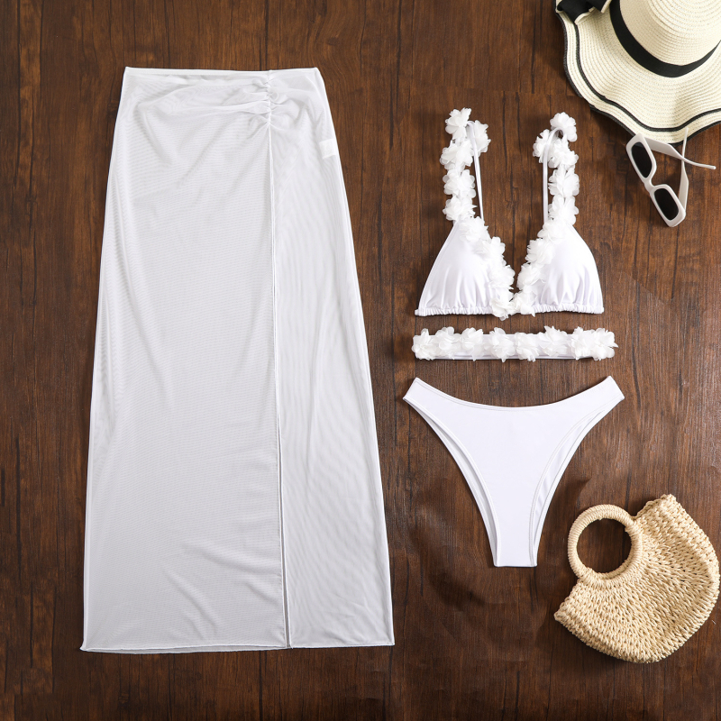 Ženski trodijelni mrežasti bikini set s čipkastom obrubom i jastučićima za prsima; poliester tkanina 260 g/m², podstava od spandexa, za plivanje