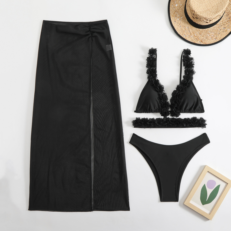 Ženski trodijelni mrežasti bikini set s čipkastom obrubom i jastučićima za prsima; poliester tkanina 260 g/m², podstava od spandexa, za plivanje