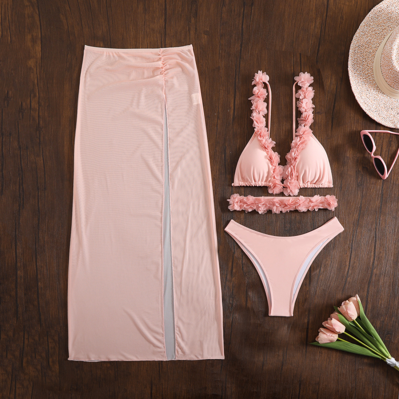 Ženski trodijelni mrežasti bikini set s čipkastom obrubom i jastučićima za prsima; poliester tkanina 260 g/m², podstava od spandexa, za plivanje