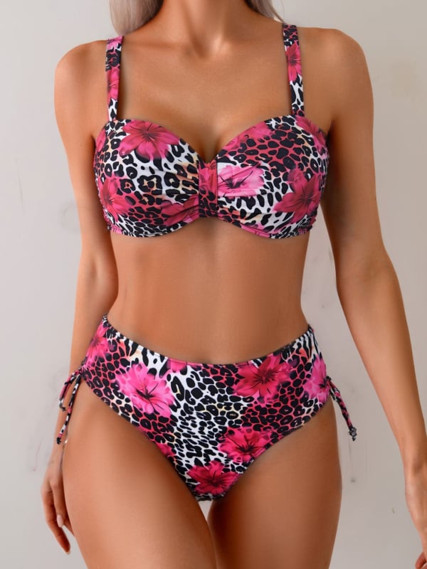 Ženski dvodijelni bikini s cvjetnim uzorkom i podstavljenim gornjim dijelom; tkanina 82% poliester, 18% elastan; podstava 95% poliester, 5% elastan; gustoća tkanine 200 g/m2