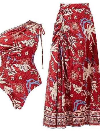 Ženski jednodjelni kupaći kostim s plažnom suknom — otisak, ugrađenim jastučićem za prsa, podstava od poliestera, omjer podstave 82/18, trodjelni set, pogodan za plivanje i hodanje u plićaku