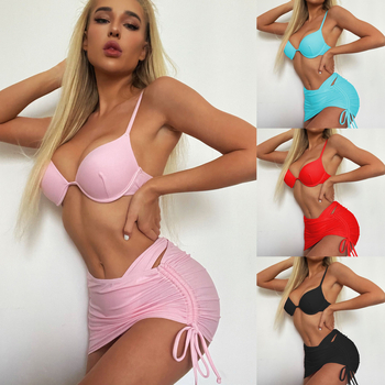 Set bikini din trei piese pentru femei, model solid, nailon-elastan 80/20, susținere toracică din oțel cu căptușeală de nailon