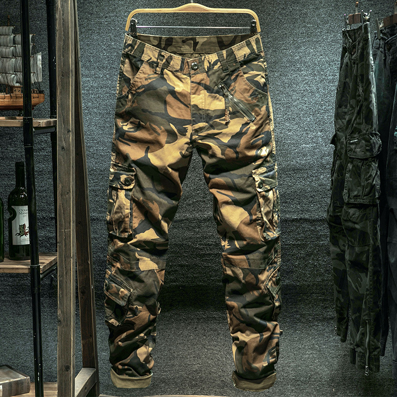 Pantaloni cargo camuflați pentru bărbați, croială dreaptă, talie medie, multe buzunare, 98% bumbac