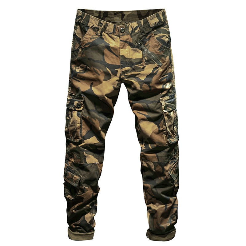 Pantaloni cargo camuflați pentru bărbați, croială dreaptă, talie medie, multe buzunare, 98% bumbac