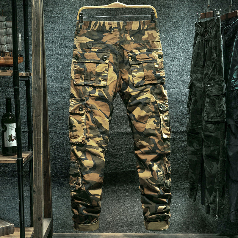 Pantaloni cargo camuflați pentru bărbați, croială dreaptă, talie medie, multe buzunare, 98% bumbac