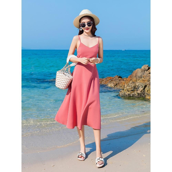 Rochie de plajă cu decolteu în V, fără mâneci, fundă decorativă, țesătură PVC, rochie lungă dintr-o singură piesă