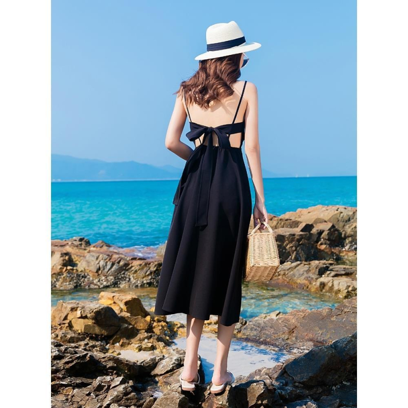 Rochie de plajă cu decolteu în V, fără mâneci, fundă decorativă, țesătură PVC, rochie lungă dintr-o singură piesă