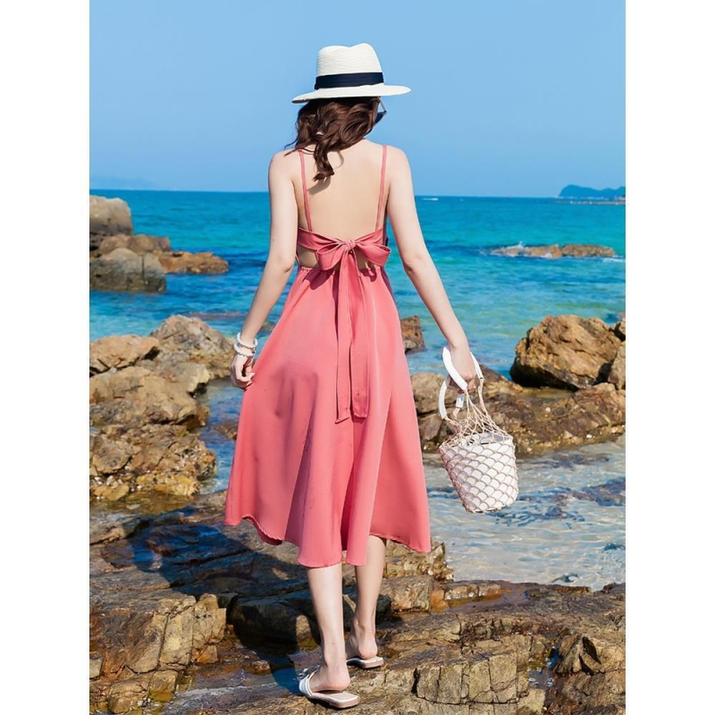 Rochie de plajă cu decolteu în V, fără mâneci, fundă decorativă, țesătură PVC, rochie lungă dintr-o singură piesă