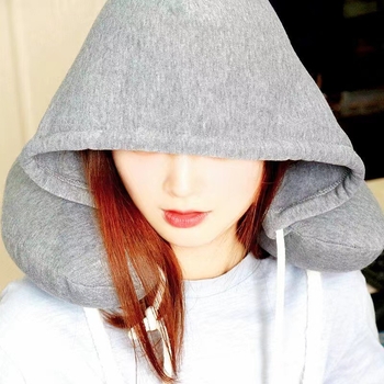 Pernă de gât cu glugă, în formă de U, cu umplutură din granule de spumă, pentru adulți – suport cervical de călătorie; material de bază: poliester; material exterior: nailon