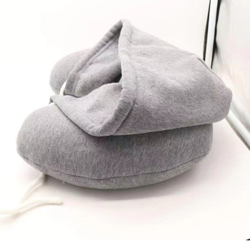 Pernă de gât cu glugă, în formă de U, cu umplutură din granule de spumă, pentru adulți – suport cervical de călătorie; material de bază: poliester; material exterior: nailon