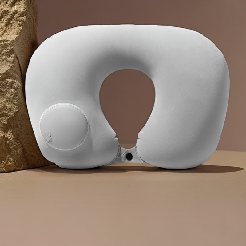 Pernă de călătorie Ruyue, cu formă U, gonflabilă, portabilă, cu țesătură catifelată, potrivită pentru mașină, avion și activități în aer liber