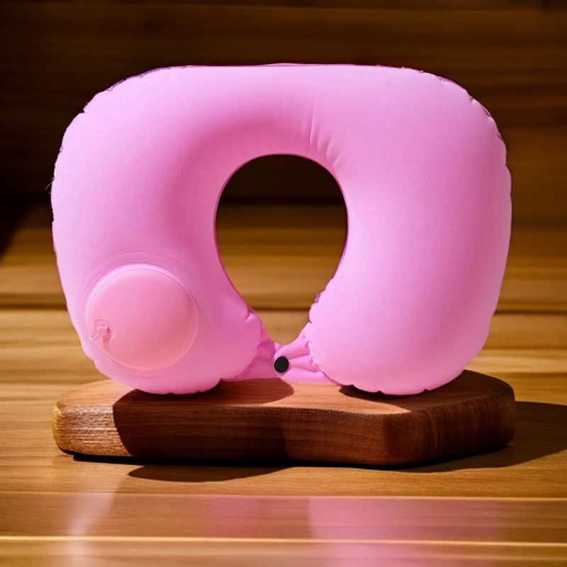 Pernă de călătorie Ruyue, cu formă U, gonflabilă, portabilă, cu țesătură catifelată, potrivită pentru mașină, avion și activități în aer liber