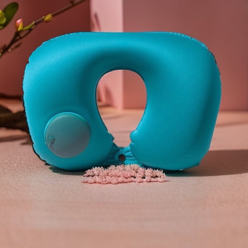 Pernă de călătorie Ruyue, cu formă U, gonflabilă, portabilă, cu țesătură catifelată, potrivită pentru mașină, avion și activități în aer liber