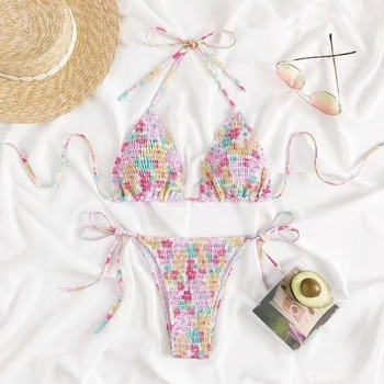 Set bikini două piese cu halter, cu cupe căptușite, poliester, imprimeu cu flori rupte